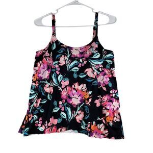 Leilani Tankini Swimsuit Top Only Women's 6 Black Pink Tropical Vacation Resort